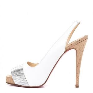 Christian Louboutin Nappa Cork Moyen Slingback Peep Toe Pumps White Silver EU 38
